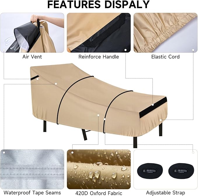 NEVERLAND Waterproof Patio Lounge Chair Cover, Outdoor Chaise Lounge Covers with Heavy Duty Material, 420D Waterproof Outdoor Chairs Cover 82L x 57W x 32H inch Golden