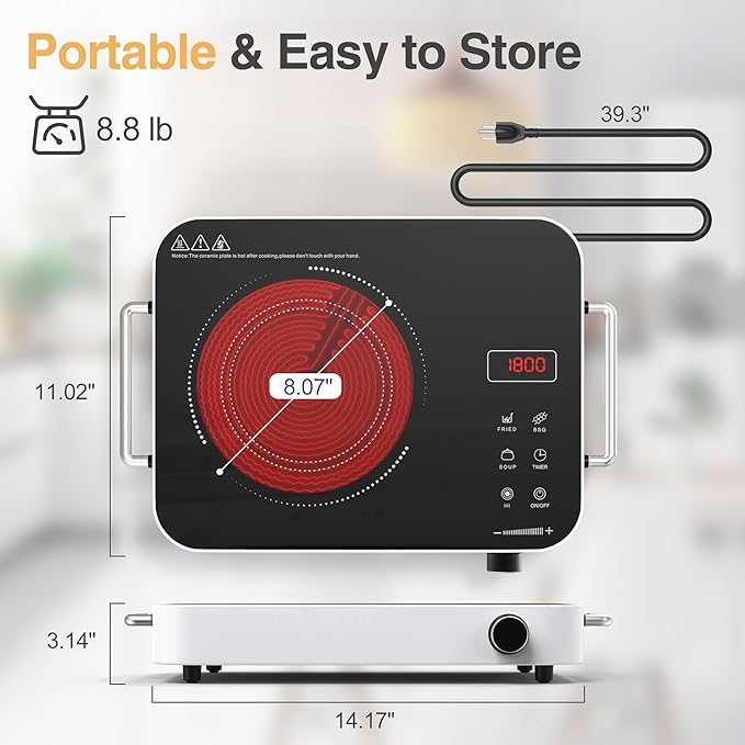 Single Burner Electric Cooktop,1800W 110V Electric Stove Top with Knob Control, Portable Cooktop with 2 Handle,single burner electric stove with Double Ring Heating, 4 hours Timer