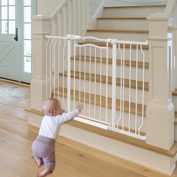 Fairy Baby 53.1"-62.5" Extra Wide Baby Gate for Stairs, Pressure Mounted Dog Gates for Doorways Indoor, Auto-Close Metal Pet Gate for House, No Drill Easy Walk Thru Safety Child Gate with Door, White