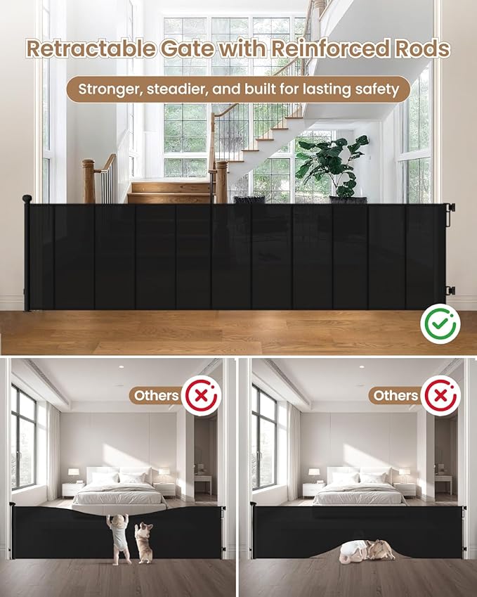 120" Wide Retractable Baby Gate, 34" Tall Reinforced Mesh Gate with 10 Rods to Prevent Sagging, Secure Closure Extra Wide Baby Gate for Large Living Rooms, Indoor/Outdoor Spaces, Black