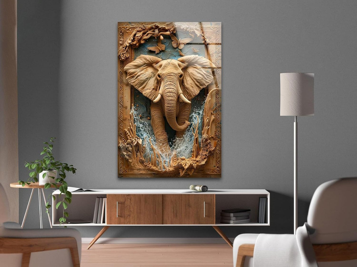 My Photostation.com 40WX60H'' Elephant Carving Glass Wall Art Tempered Glass Printing Wall Decor Large Wall Art Wall Hangings