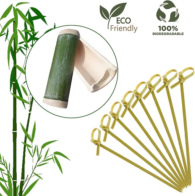DC-BEAUTIFUL 200 Pack Natural Bamboo Knot Skewers, 6 Inch Bamboo Twisted End Cocktail Picks, Appetizer Picks for Party Snacks Club Sandwiches Finger Food Barbecue Must (6.0”)