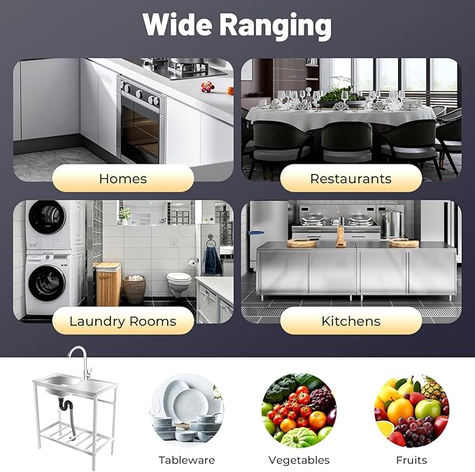 Portable Outdoor Utility Sink, Free Standing Single Bowl Kitchen Sink with Storage Shelf Faucet Operation Countertop, Commercial Stainless Steel Sink Adjustable Support Feet (30X16X30in)