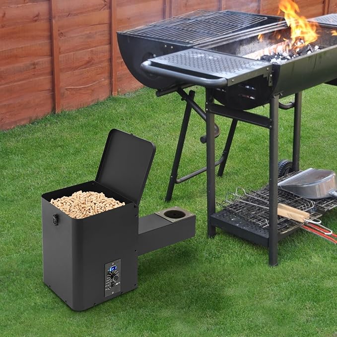Electric Wood Pellet Smoker Grill Part, 250W 180℉ -500℉ Vertical Pellet Smoker Hopper Assembly Kit with Dual-Functional Wind Mechanism and LED Visual Feedback Screen