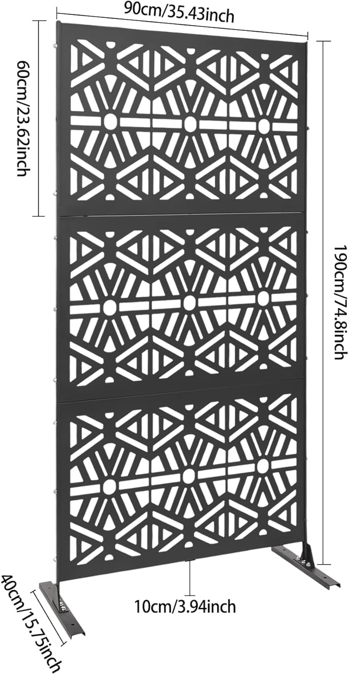 75" H×35" W Decorative Outdoor Privacy Screen with Stand, Outdoor Decor Privacy Fence Screen Metal Fence Panels, Free Standing Metal Divider for Patio Lawn Deck (Black-Rhombus)