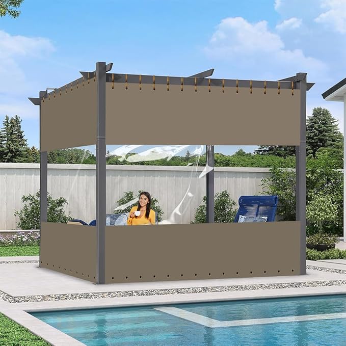 Covers & all Outdoor Clear Panel Curtain, 12 oz Vinyl Outdor Curtains for Patio, Waterproof & Weather Resistant Tarp with Brass Grommets for Pergola, Porch, Gazebos, Balcony (4' H x 9' W feet, Beige)