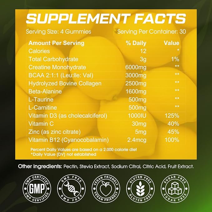CNFDHI Creatine Gummies Monohydrate 6000MG, Pre-Workout for Women, Collagen, L-Taurine, BCAA 2:1, B12& Vitamin C for Muscle Support, Enhance Strength, Energy Boost, 30 Days Supply