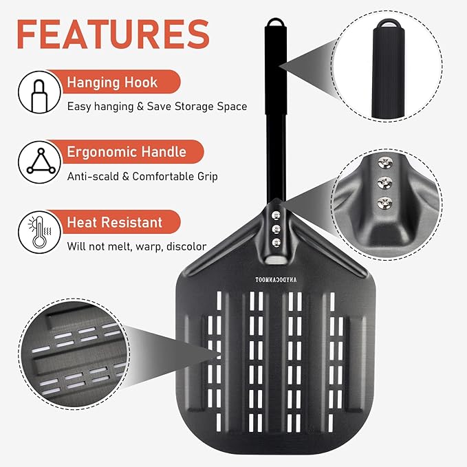 Perforated Pizza Peels 6 INCH pizza spatula paddle Long Handle Metal Pizza Spatula for Indoor and Outdoor (12 Inch Black)
