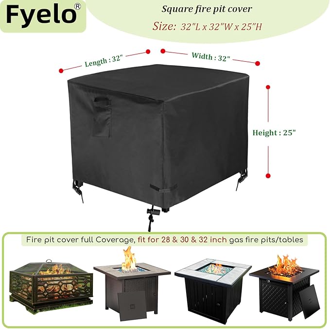 32 Inch Gas Fire Pit Cover for 28-32 Inch Square Fire Pit Tables, Heavy Duty 600D Waterproof & Windproof 32 x 32 x 24 Inches Patio Firepit Cover, Black