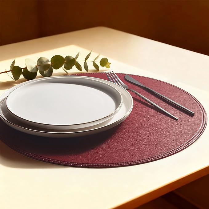 Round Vinyl Burgundy Placemats Set of 6, Faux Leather Waterproof Wipeable Heat Resistant Place Mats, Washable Table Mats for Halloween, Thanksgiving & Christmas Dinner(Burgundy)