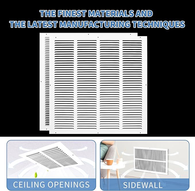 20x20 Return Air Grille (Duct Opening Size), Air Return Vent Cover, AC Vent Cover, Cold Air Return Vent Cover, Flat Return Air Grilles, Outer Dimensions:21.75"W x 21.75"H (20"W x 20"H, Duct Opening)