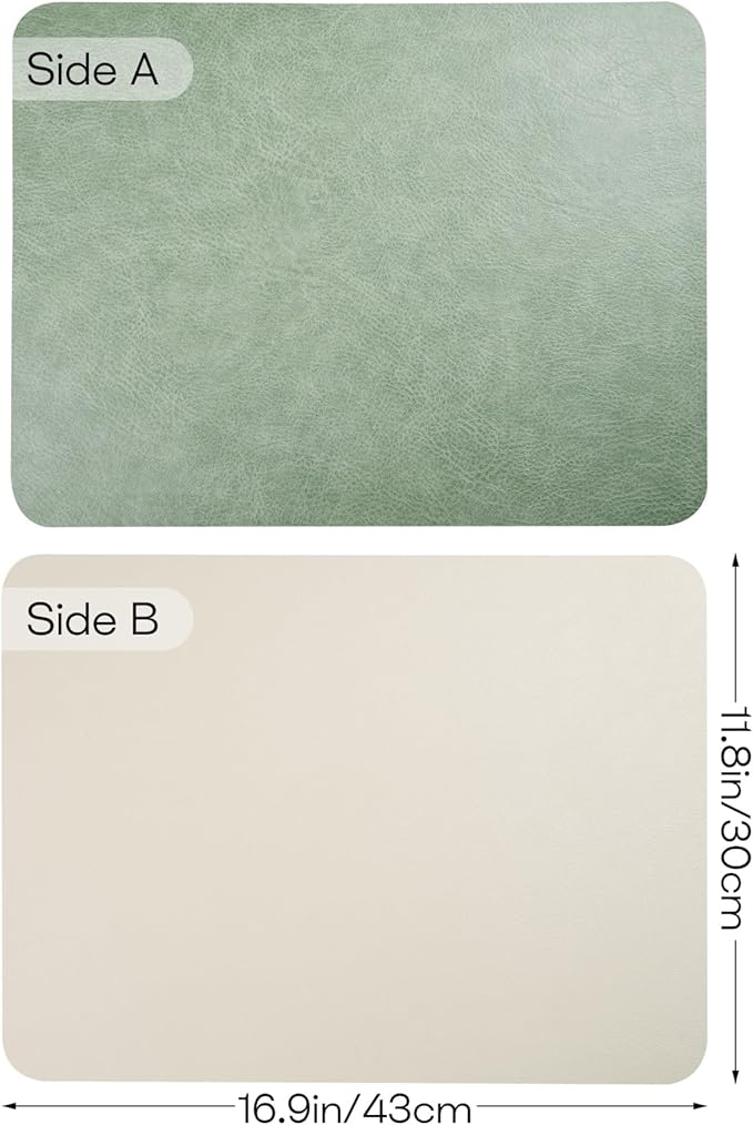 Faux Leather Placemats Set of 6 Table Mats Heat Resistant Reversible Place Mats, Waterproof Wipeable Dining Table Placemats for Home Party Outdoor, 16.9 x 11.8 inches (Sage Green/White)