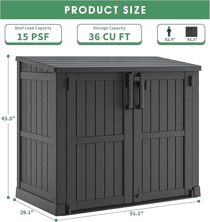 Outdoor Horizontal Resin Storage Shed,Portable Outdoor Storage Cabinet 36 Cu Ft with Lockable Doors -Waterproof Storage Box for Backyards,Easy to Assemble Black