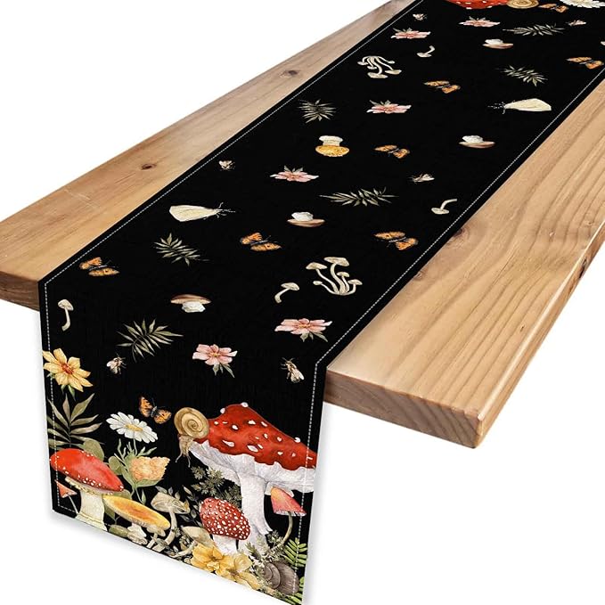 Mushroom Table Runner, Rustic Farmhouse Forest PlantsBotanical Wildfloral Coffee Table Center Decor for Home Kitchen Dining Patio Holiday Party Indoor Outdoor Table Decorations, 13"x108" Inch