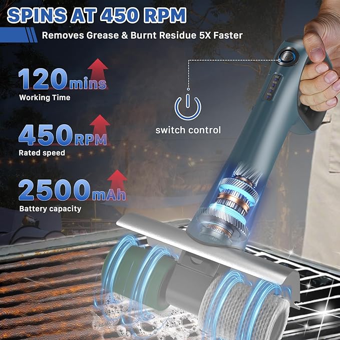 Hillyfe Grill Brush for Outdoor，Cordless Rechargeable Grill Brush with 3 Brush Heads, Grill Electric Cleaning Brushes Without Bristles, LED Light, Grill Scraper, Grilling Gifts for Men,Blue