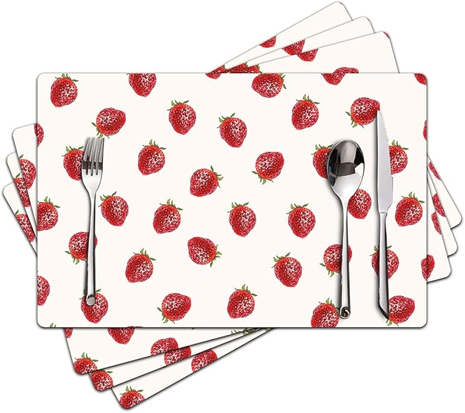 Strawberry Placemats Set of 4 - Faux Leather Heat Resistant Placemats for Dinner Table, Non-Slip Waterproof Oil-Proof Washable Reusable Placemat for Indoor Outdoor Kitchen Decor, 15.75In*11.81In