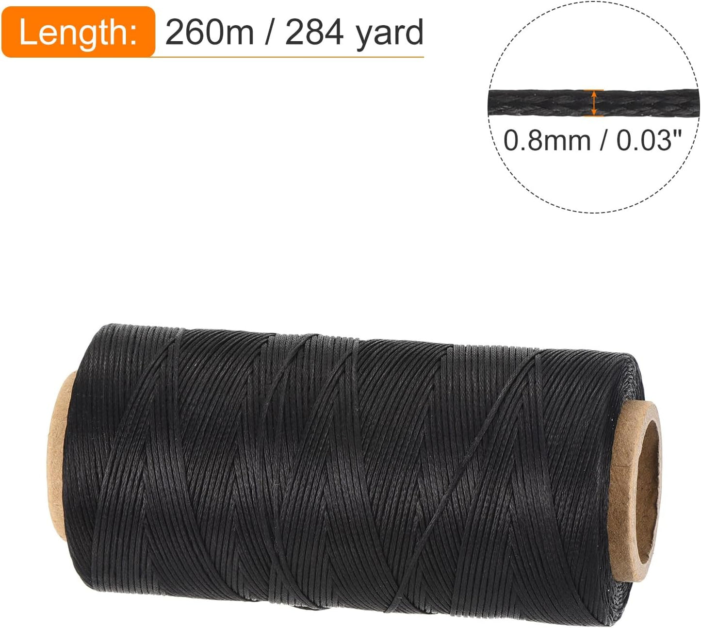 MECCANIXITY Waxed Thread,284 Yard 0.8mm 150D Flat Wax Thread Polyester Waxed String for Leather Sewing Hand Weaving Book Binding Home Decoration, Black