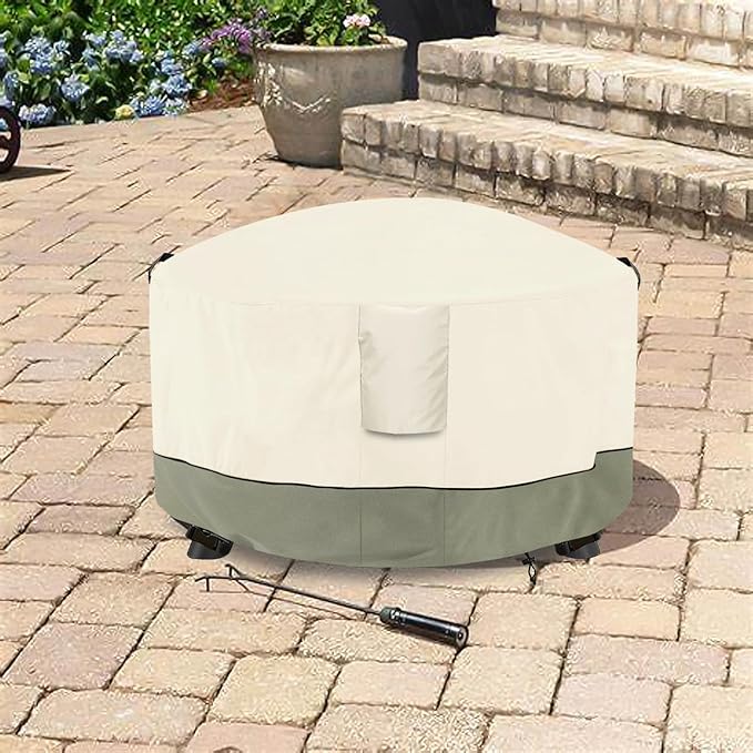 Fire Pit Cover,Outdoor Heavy Duty 600D 100% Waterproof Fire Pit Cover Round,Weatherproof Firepit Covers Round 54" Dia x 24" H,Beige