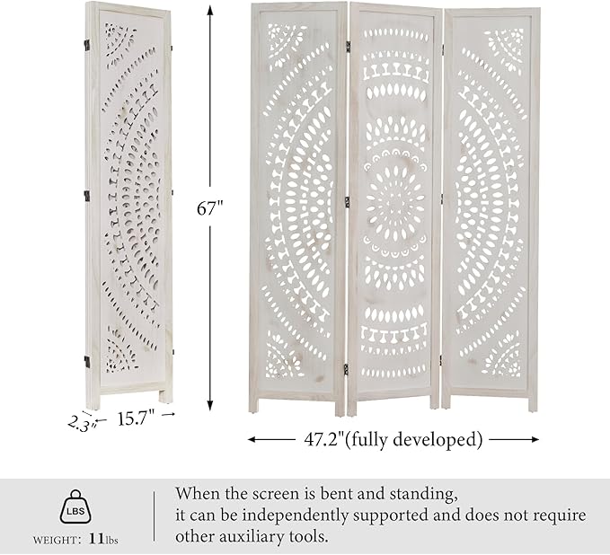 Room Divider Wood Carved Wall Divider Indoor Folding Bohemian Style Portable Partition Screen for Home Office Garden Terrace - 3 Panels (Antique, White-Washed)