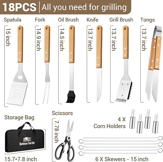 18pcs Wooden Grill Tool Set, BBQ Accessories Heavy Duty Stainless Steel Grill Utensils Set with Carry Bag Spatula, Fork, Tongs & Cleaning Brush and More Grilling Gifts for Christmas Men, Father’s Day