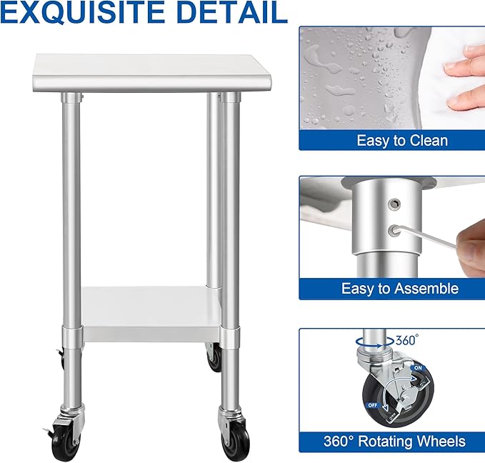 HARDURA Stainless Steel Commercial Table Prep & Work Table with Casters Heavy Duty Metal Table with Wheels NSF 430 18×24 Inches