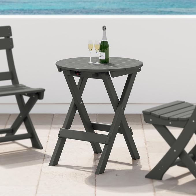Costaelm Paradise HDPE Outdoor 24.5 Inch Round Portable Folding Patio Dining Table, Gray