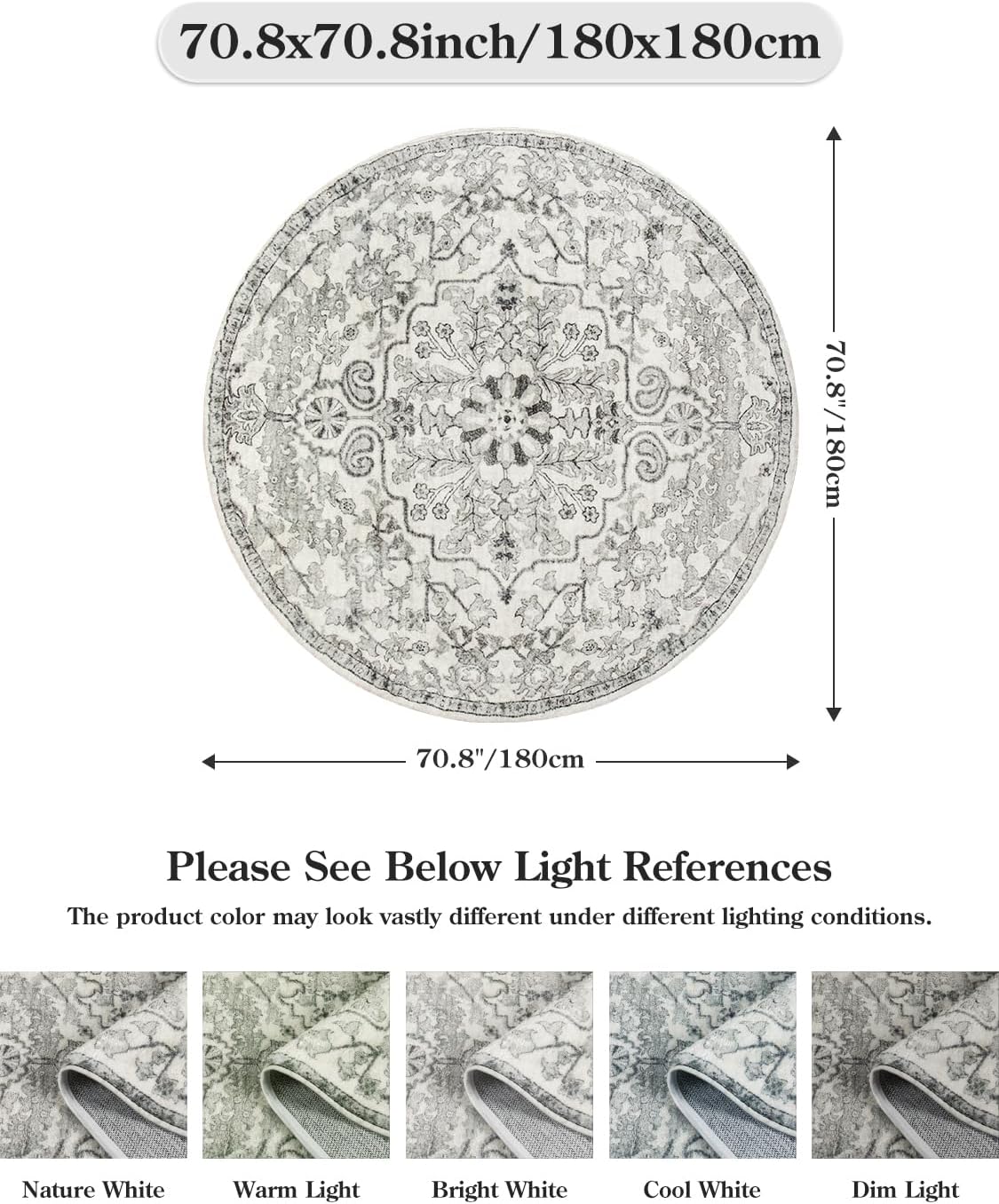 Lahome Bohemian Washable Round Rug, Large Round Rugs 6ft Non Slip Circle Rugs for Living Room, Soft Non Slip Non Shedding Printed Indoor Carpet for Dining Bedroom Kitchen Office, Beige