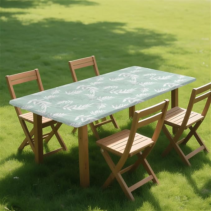 Rectangle Table Cloth Cover Waterproof Elastic Fitted Polyester Fitted Tablecloths for 8 Foot Tables for Indoor,Picnic, Camping, Outdoor （96" x 30"，Palm Leaf）