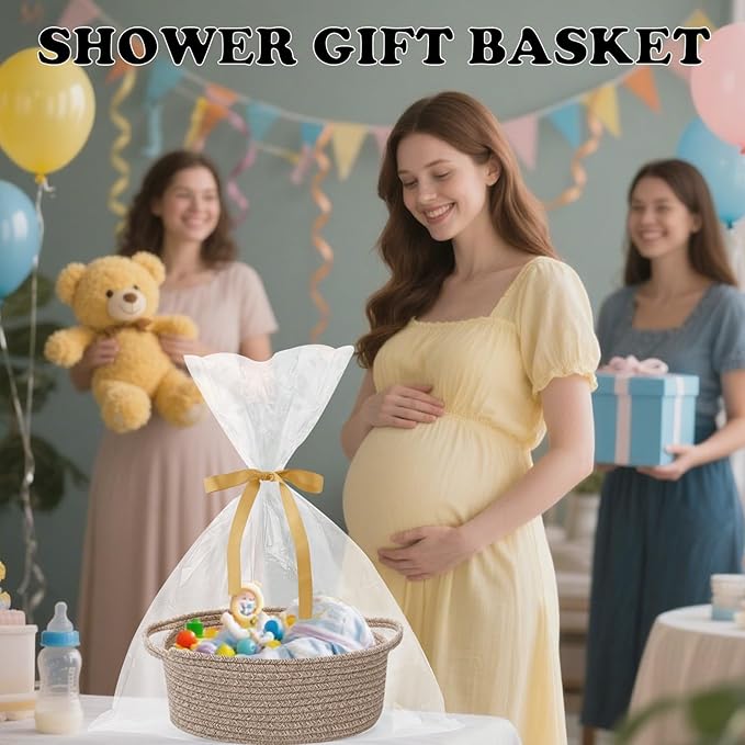 Gift Basket with Gift Bag and Ribbons,Small Rope Woven Shelf Storage,Baskets for Gifts Empty,Birthday,Baby Shower,Decorative Organizer Box with Handles(Mixed Brown)