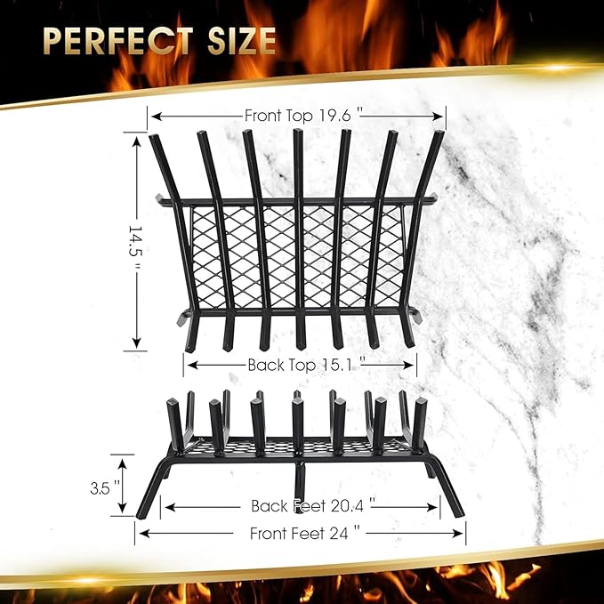 G GOOD GAIN Fireplace Grate 24" with Ember Retainer, Heavy Duty Cast Iron Indoor, Chimney Hearth Wood Stove Burning Rack Holder,1/2” Bar Fire Place Asseccories for Outdoor, Fire Pits, Camping