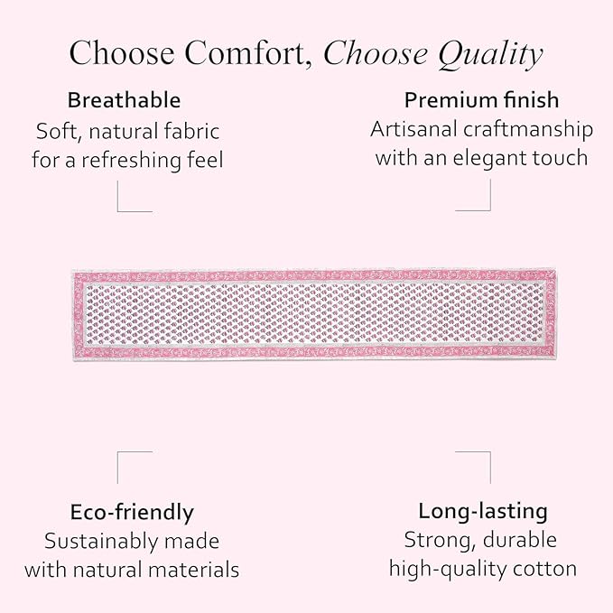 CPC Cotton Table Runner 16x90 Inch Block Printed Long Fall Table Runner for Dining Table, Card Table, Coffee Table, Wedding, Farmhouse & Outdoor Barbeque-Pink Sapphire