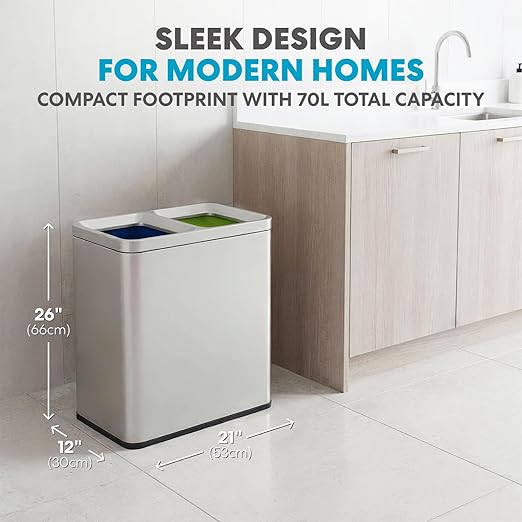 70 Liter / 18.5 Gallon Rectangular Open Top Dual Compartment Recycling Trash Can, Stainless Steel (40L x 30L Capacity) Ideal for Restaurants, Coffee Shops, Gym and Households