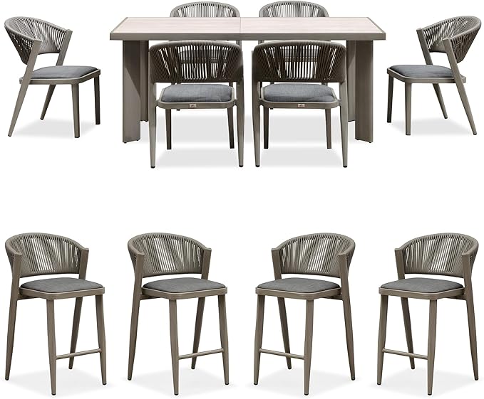 PURPLE LEAF 7-Piece Patio Dining Set Outdoor Furniture Rectangular Table and Chairs Set with Aluminum Frame and Wicker Rattan for Garden Deck Backyard Kitchen Gray Outdoor Set with Counter Stools