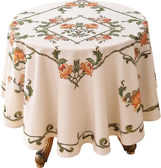 patdrea Designer Linen Round Tablecloth,Vintage French Floral Tablecloths,Wrinkle Free Table Cloth,Decorative Table Cover Cloth for Kitchen,Dining,Tea Party,Home,Christmas,Diameter 67"