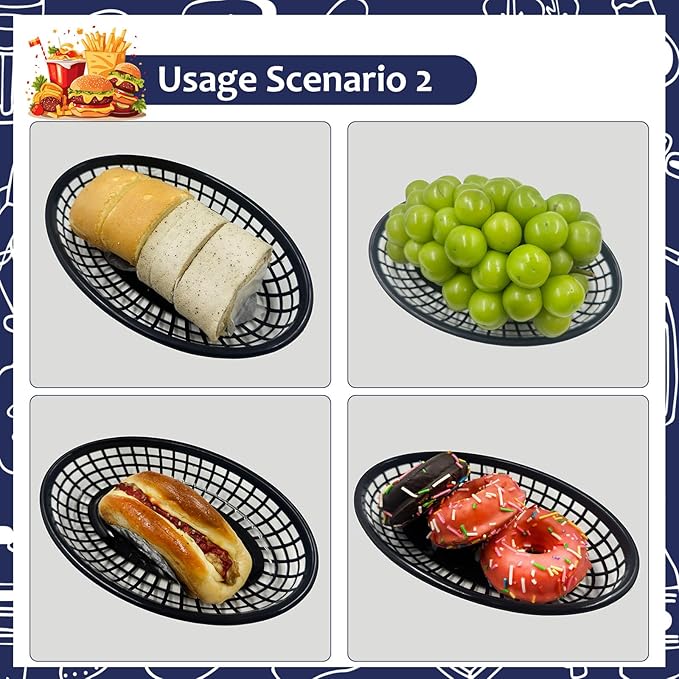 20 Pack Plastic Fast Food Baskets, 8.8" × 5.5" Small Oval Restaurant Serving Baskets Tray for Burgers, Sandwiches,Hot Dogs,Tacos,Parties, Food Trucks, Reusable or Disposable,Stackable(Black)