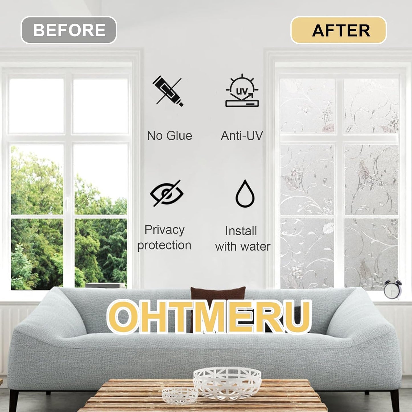 Window Privacy Film Decorative for Front Door, Bathroom Static Cling Stained Glass Sticker Opaque Heat Control UV Blocking Non-Adhesive for Home Windows 35.4 x 78.7 inches Horsetail