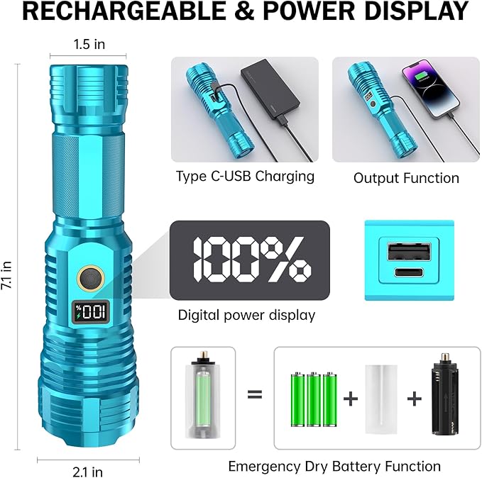 Flashlights High Lumens Rechargeable, LED Super Bright Flash Light Long Beam, Zoomable Linternas with LCD Digital Display, 5 Mode, Waterproof, Powerful Tactical Flashlight for Emergencies Camping Gift