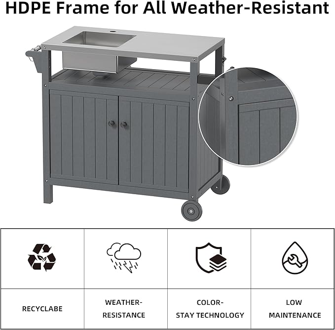 TORVA All in One Outdoor Grill Cart with Sink,Cabinet and Cover, 42 inch Freestanding Modular Kitchen Sink Station in 304 Stainless Steel&HDPE, All Weather Use BBQ Table, Grey
