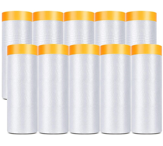Painters Plastic With Tape, Pre-Taped Masking Film, 10 Rolls Automotive Best Tape and Drape, Paint Adhesive Protective Film Roll for Covering Skirting, Frames, Cars and Auto Body (5 X 65-Feet) (10)
