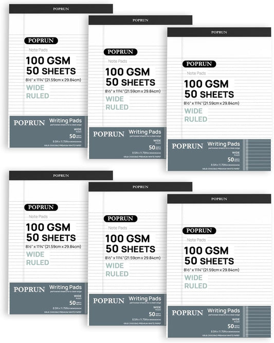 POPRUN White Legal Pads 8.5 x 11.75 Wide Ruled, 100GSM Writing Paper Pad, Bulk Lined Notepad Notebooks for Work School, Classroom Office Supplies, 6 Pack