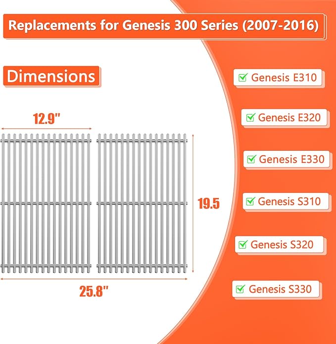 QuliMetal 19.5" 9.5MM Grill Grates for Weber Genesis 300 Series (2007-2016), Genesis E310 E320 E330 S310 S320 S330 Grills, 304 Stainless Steel Replacement Parts for Weber 7528 7524