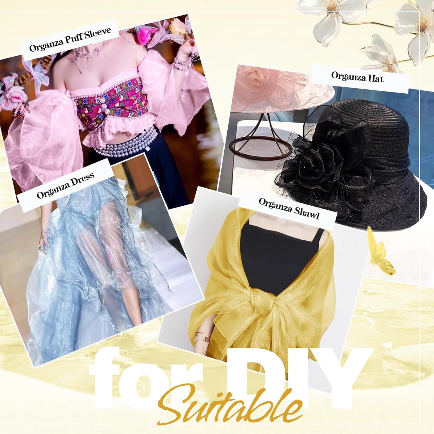 VACVELT Sheer Organza Fabric by The Yard, 60 Inch Wide Gold Organza Fabric Bolt Bridal Sheer Tulle Fabric, Silk Organza Roll for Wedding Party Decorations Backdrop Curtain (2 Yards)