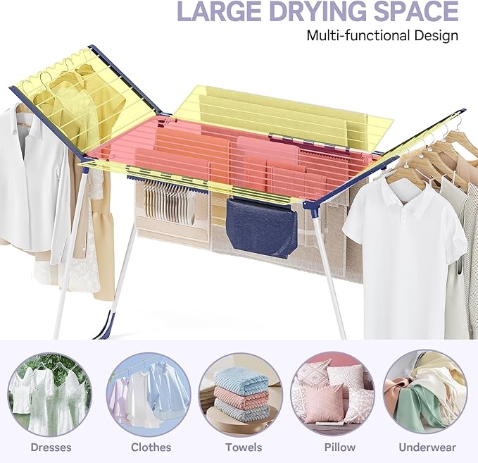 APEXCHASER Clothes Drying Rack Foldable - Drying Rack Clothing Large Space, Winged Laundry Rack with Sock Clips for Hanging Towels Clothes Dress Bedding Indoor Outdoor, White