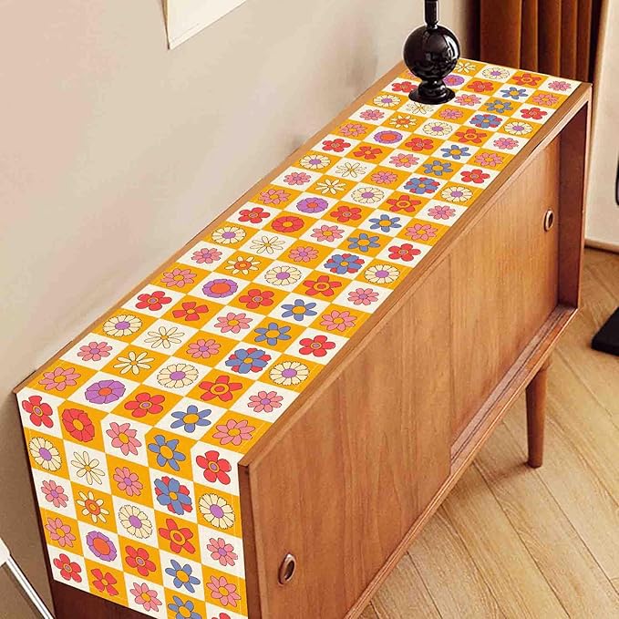 70s Table Runner, Retro Groovy Hippie Daisy Floral Colorful Checkered Funky Trippy Coffee Table Center Decor for Home Kitchen Dining Patio Holiday Party Indoor Outdoor Table Decorations, 13"x90" Inch