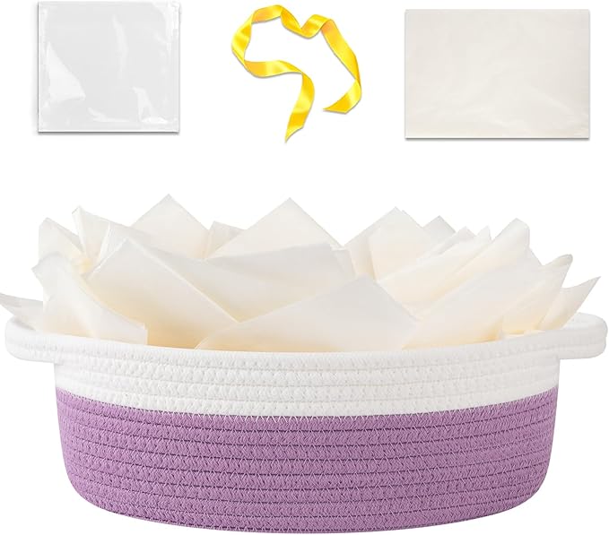 OIAHOMY Gift Basket Empty with Handle, 12"x 8"x 5" Small Woven Basket with Gift Bag, Ribbon and Wrap Tissue Paper, Dog Toy Storage for Organizing - Lilac Purple & White