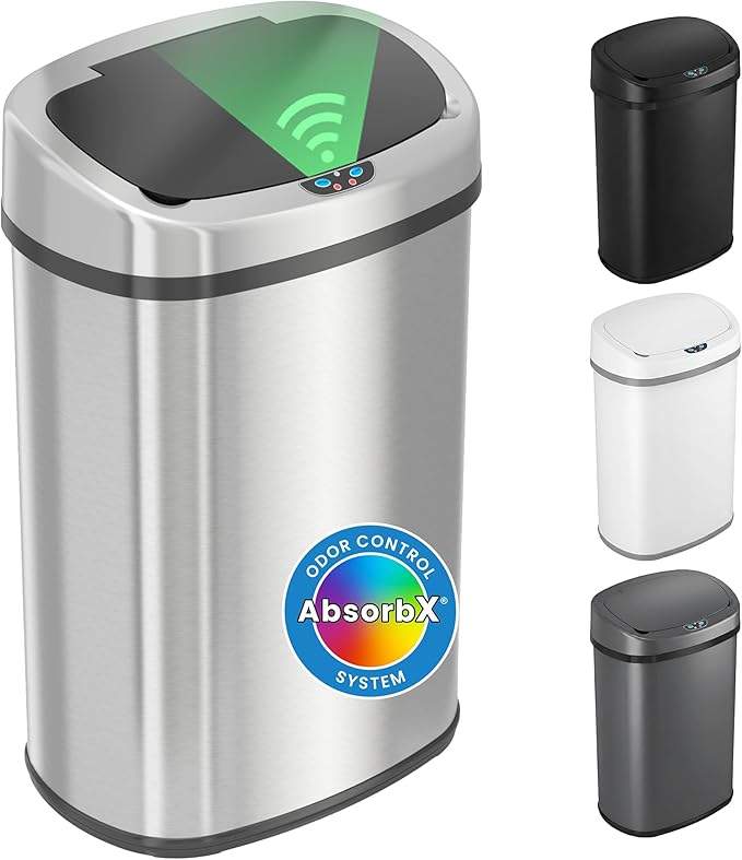iTouchless 13 Gallon Automatic Sensor Trash Can with AbsorbX Odor Filter, Stainless Steel Kitchen Garbage Bin, Fingerprint-Proof, Hands-Free Operation, Oval