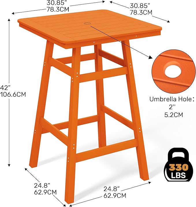 Costaelm Outdoor Bar Table, 42" Counter Height Square Patio Cocktail Bar Table with Umbrella Hole, Patio Bistro Dining Pub Table for Front Porch Deck Backyard Garden, Orange