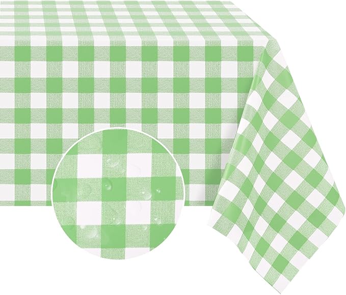 Romanstile Rectangle Vinyl Tablecloth, 100% Waterproof Buffalo Gingham Plastic Table Cloth, Heavy Duty Wipeable Checkered Table Covers for Outdoor, Camping, Picnic, Patio - 54 x 108, Light Green