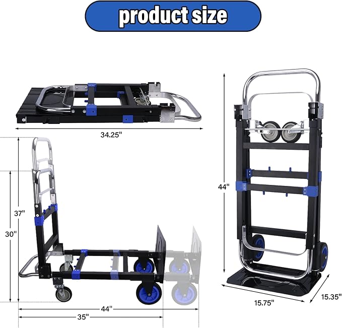 Upgraded 3 in 1 Folding Hand Truck, 600lbs Capacity, Heavy Duty Convertible Dolly with Retractable Handle and 4 Rubber Wheels, Collapsible Cart for Moving Home, Office, Warehouse (Blue)