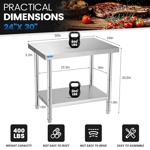 Stainless Steel Table for Prep & Work with Undershelf 24 x 30 Inches NSF Metal Commercial Kitchen Prep Table with Adjustable Under Shelf Worktable for Restaurant Home Outdoor